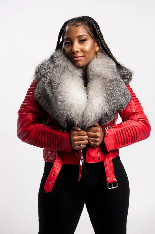 Women's Trey Biker Red Oversized Fox Collar [Silver Fox Fur]