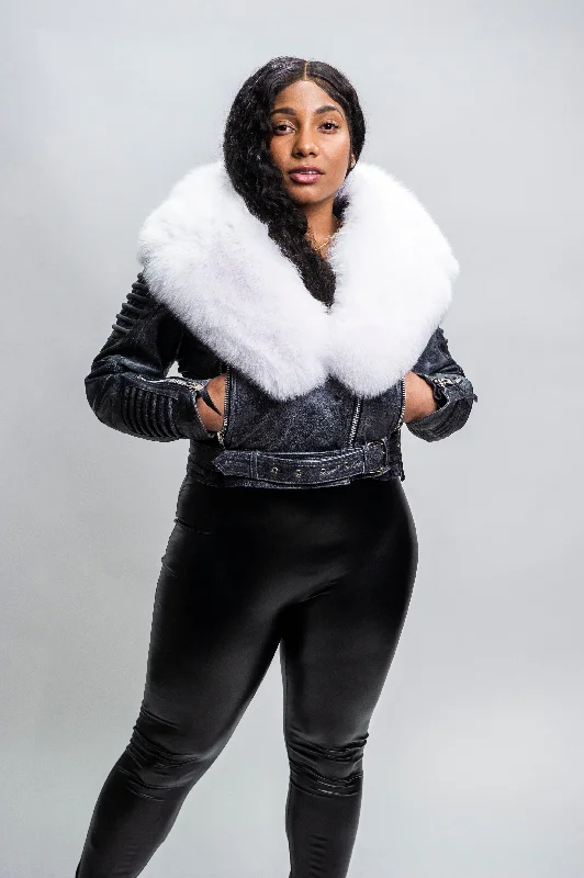 Women's Trey Biker Space Gray Oversized Fox Collar [Pure White Fox Fur]