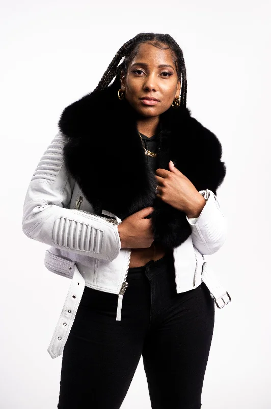 Women's Trey Biker White Oversized Fox Collar [Black Fox Fur]