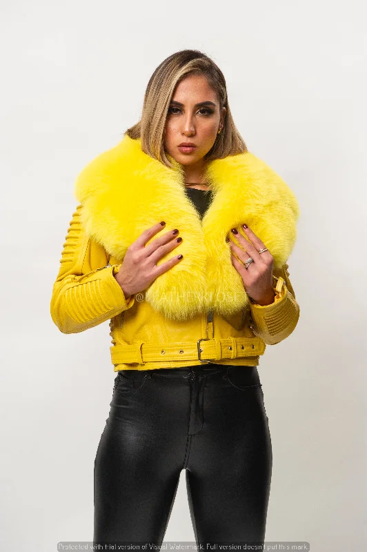 Women's Trey Biker Yellow Oversized Fox Collar [Yellow Fox Fur]