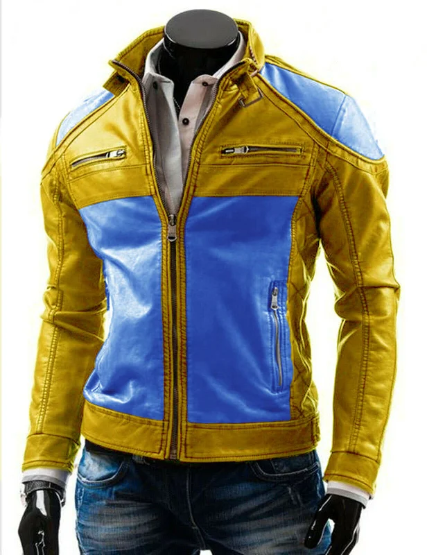 Yellow and Blue slim fit Biker Leather jacket for men