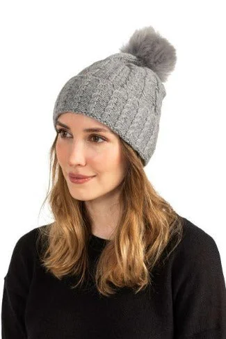 Cable Knit Hat with Shearling Pompom