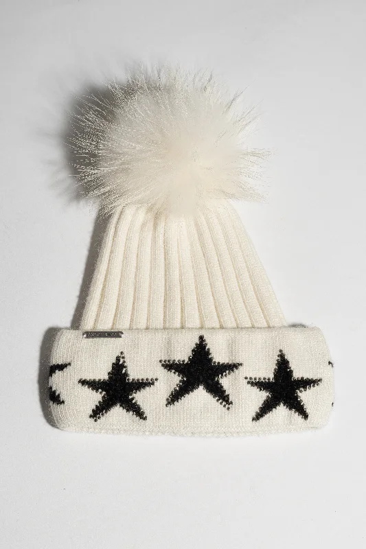 Phoenix Star Embellished Pom Pom Hat - Ecru