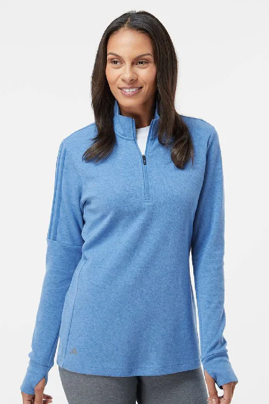 Adidas Womens 3 Stripes Moisture Wicking 1/4 Zip Sweater - Focus Blue Melange - NEW