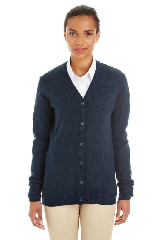 Harriton Womens Pilbloc Pill Resistant Button Down Lone Sleeve Cardigan Sweater - Dark Navy Blue