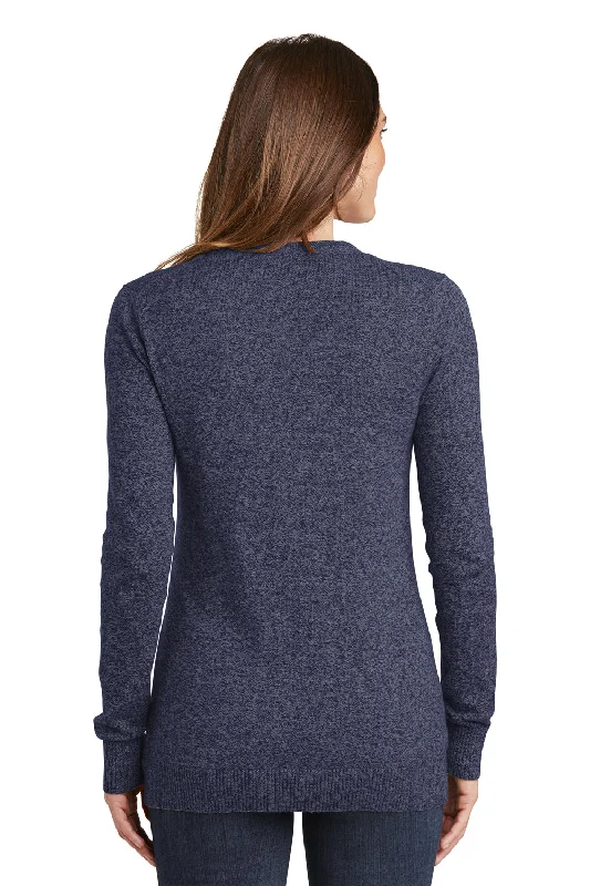 Port Authority Womens Long Sleeve Cardigan Sweater - Navy Blue Marl