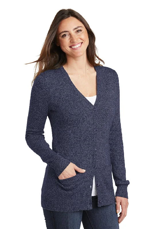 Port Authority Womens Long Sleeve Cardigan Sweater - Navy Blue Marl